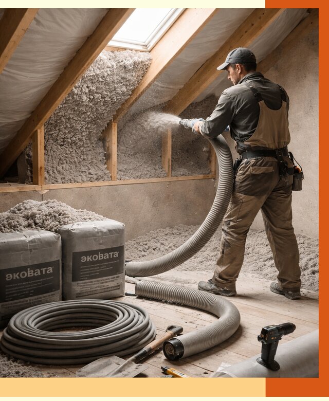 Утепление мансарды эковатой в Кизилюрте от 2272 руб/м2 — монтаж, задувка, цена | ТепломастерКзт